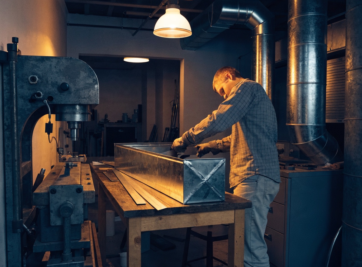 Sheet-metal craftsperson fabricating a galvanized duct section in an HVAC workshop