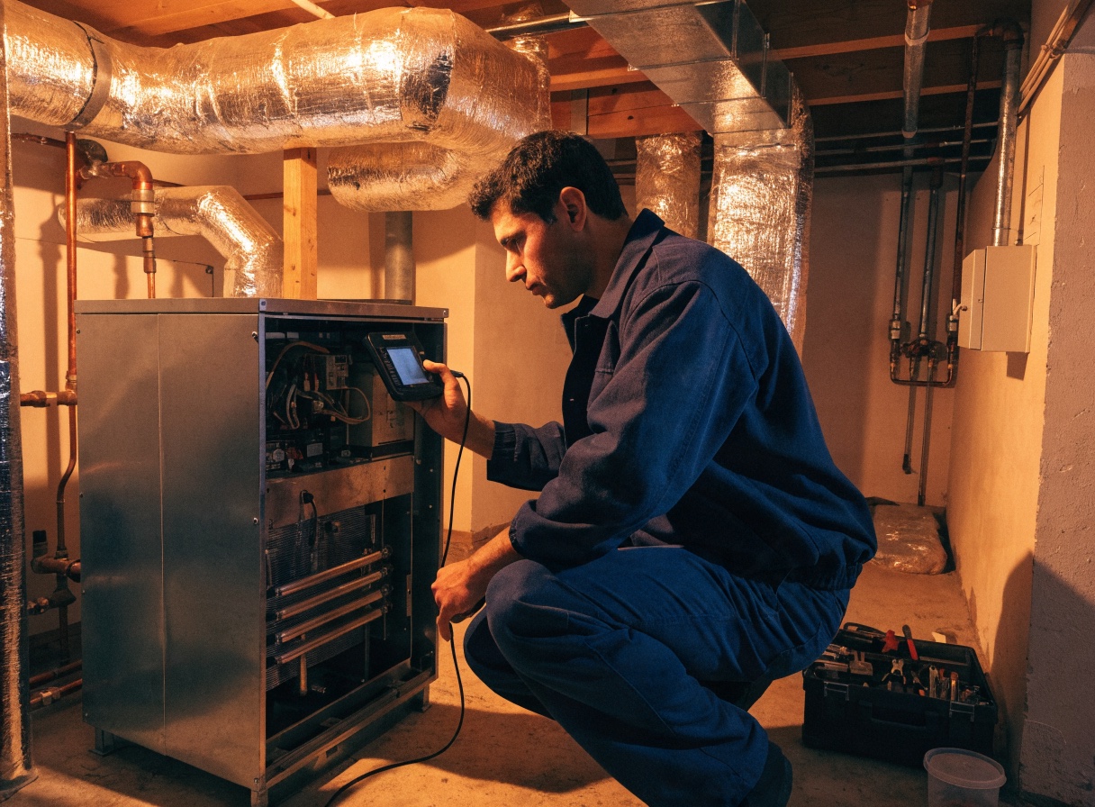 Technician diagnosing a residential heating system with professional test equipment